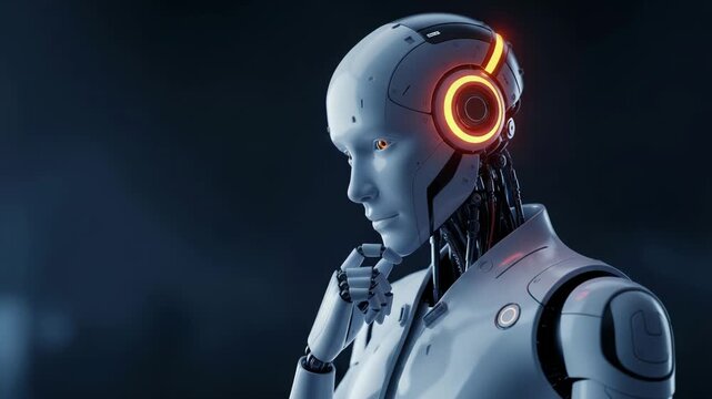 Futuristic humanoid robot thinking with glowing orange accents