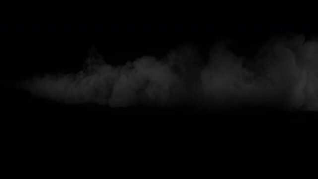 Realistic white smoke cloud flowing horizontally across a black background for special effects.