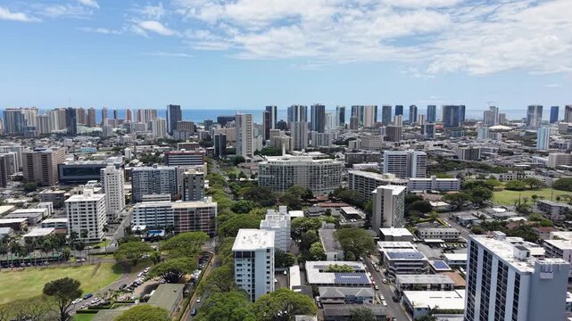Aerial view over Makiki looking across hundreds of apartments and condos towards the Ala Moana area of Honolulu on Oahu, Hawaii.