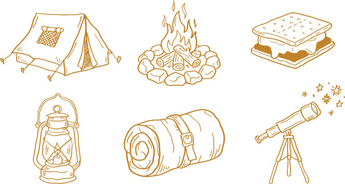 Hand-drawn doodle set of camping equipment featuring a tent, campfire, s'more, lantern, rolled sleeping bag, and a telescope with stars