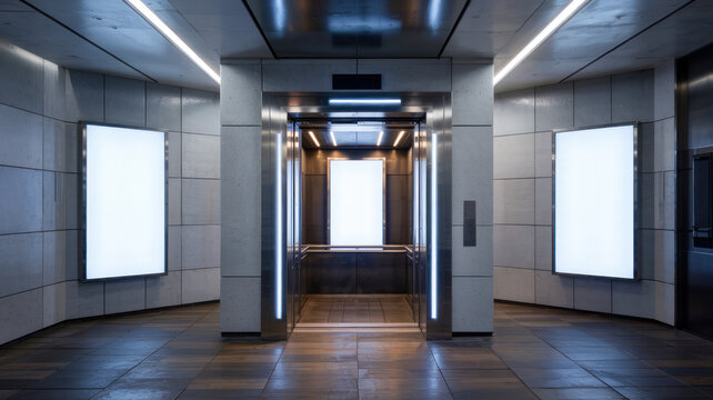 Modern elevator interior with blank advertising screens on walls