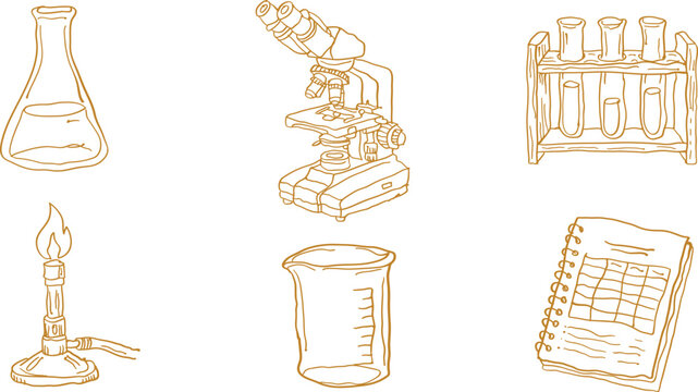Hand-drawn doodle set of laboratory equipment including a microscope, erlenmeyer flask, test tubes in a rack, bunsen burner, beaker, and notebook