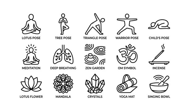 Yoga and meditation icons showing poses and wellness symbols