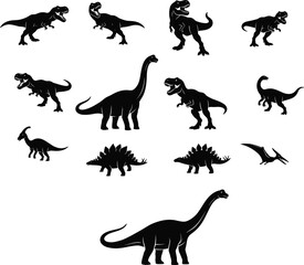 Dinosaur silhouette collection featuring prehistoric creatures isolated on white background for educational, wildlife and ancient history design projects © MdShahin