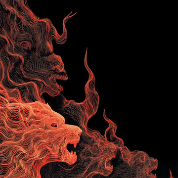 Glowing orange topographic firestorm with dramatic contour lines on black abstract vector background.