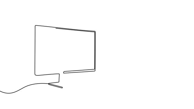 Continuous one line monitor computer outline art tv screen frame desktop. TV monitor office drawing simple digital technology creative isolated mockup device download icon white design business flat