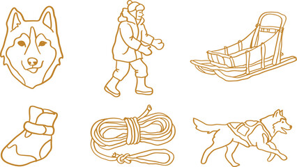 Hand-drawn doodle set of winter dog sledding equipment, featuring a husky dog, a musher, a wooden sled, a winter boot, and a coiled rope © Trendy_Desing