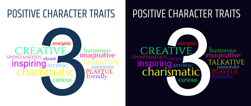 Positive character traits for number "3" in numerology, transparent and dark backgrounds