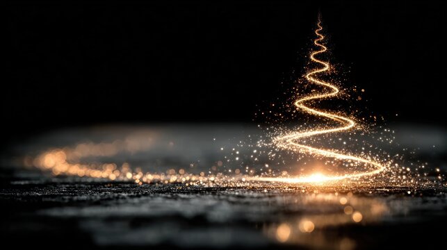 Golden particles forming a glowing Christmas tree on dark background