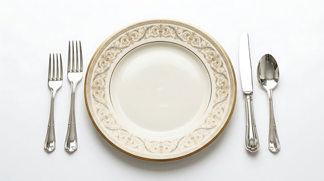 empty plate with silverware on white table