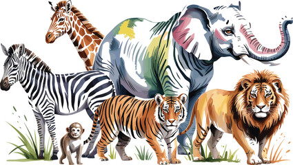 Hand painted safari animals watercolor vector illustration with african wildlife isolated on white background for nature design © Md