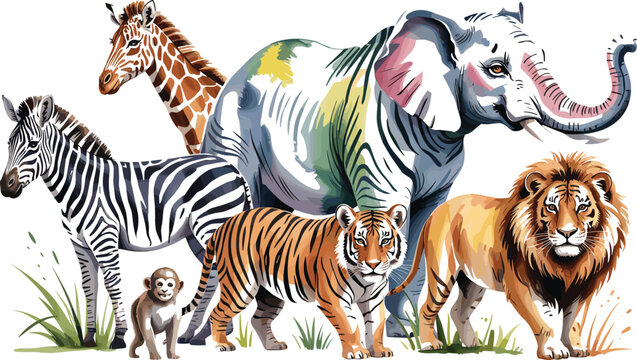 Hand painted safari animals watercolor vector illustration with african wildlife isolated on white background for nature design
