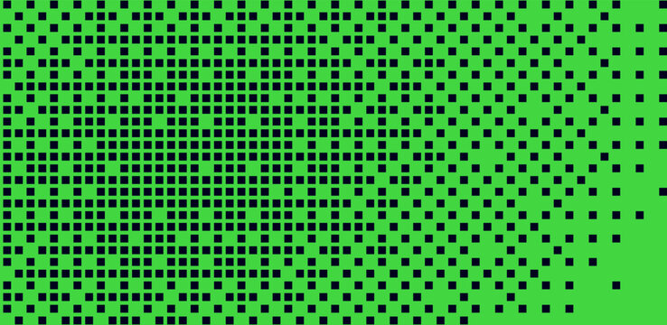 Green bitmap pixel background with gradient pattern effect and 8bit art. Glitch video game design for retro arcade or digital wallpaper. Neon disintegration effect.