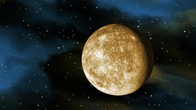 Planet Mercury rotating in deep space with stars and colorful nebula clouds, cinematic realistic 3D animation of the smallest planet in the solar system.