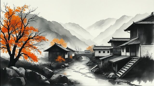 Traditional Asian River Village with Vibrant Autumn Tree in Sumi e Ink Wash Style