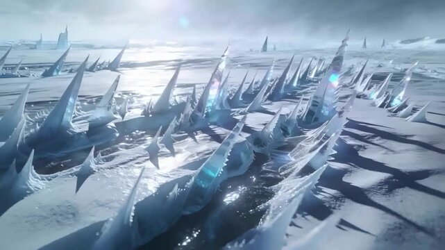 Gliding camera over jagged crystal ice spires on frozen plain, low sun making glare showing channel