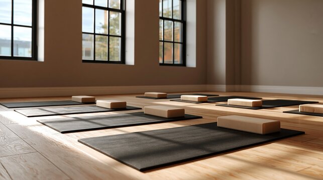 Panoramic empty boutique prenatal studio prepared for class with mats aligned along lower half