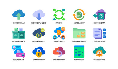 Fototapeta premium Cloud backup and file management icons showing sync and storage