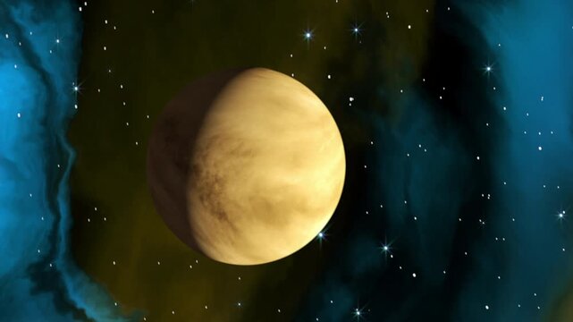 Planet Venus rotating in deep space with stars and colorful nebula clouds, cinematic realistic 3D animation of the second planet in the solar system.