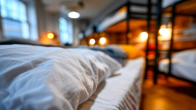 Hostel dormitory room with neatly made beds and warm lights, cozy budget accommodation interior