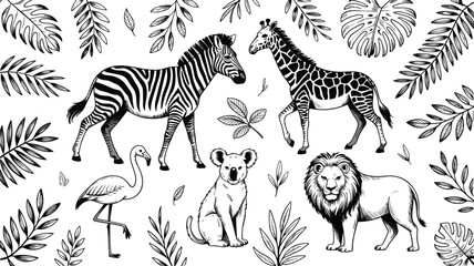 Hand drawn safari animals vector set with tropical leaves zebra giraffe lion koala and flamingo isolated on white background © Md