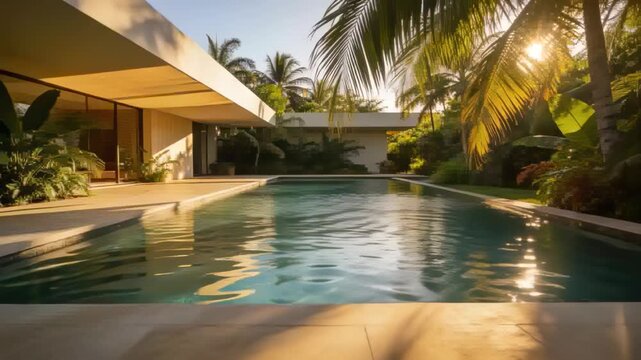 Shimmering rectangular pool rippling from light breeze as sun shifting in backyard, palm shadows