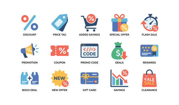 Retail discount and promotion icons showing offers on white background