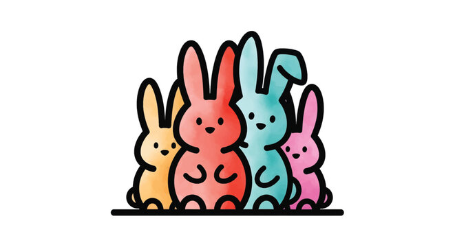 Colorful cartoon rabbits standing together.