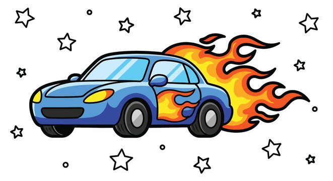 Blue Car with Flame Design.