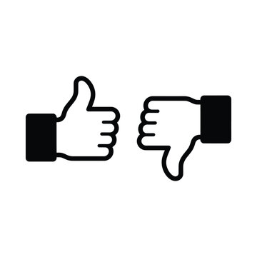 Thumbs up and thumbs down icons black line art on white background