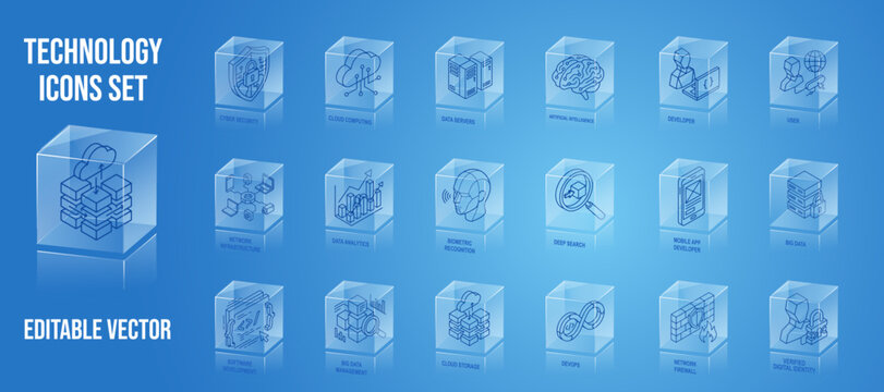 Isometric 3D Glass Cube Technology Icon Set: Cyber Security, Cloud Computing, AI, Big Data, DevOps, and Network Infrastructure Linear Vector Symbols for Modern FinTech