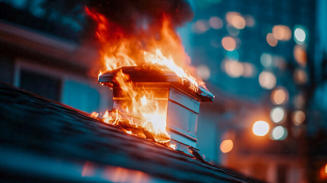 House roof chimney engulfed in flames and smoke, dramatic residential fire emergency and property damage concept