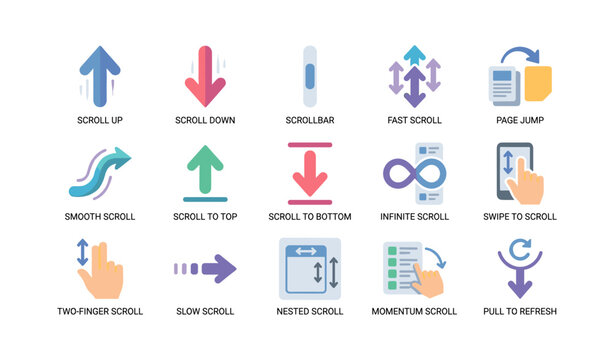 User interface scroll and navigation icons on white background