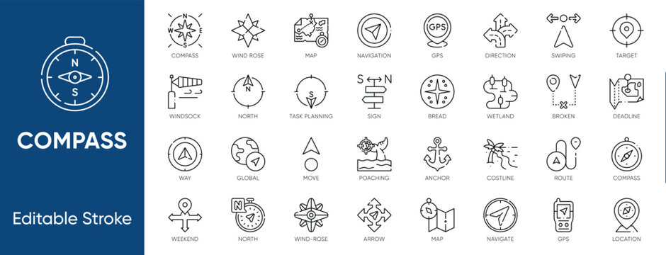Compass Navigation Direction Windrose Map Icon Set including editable vectors for nautical cartography, travel exploration, and gps location