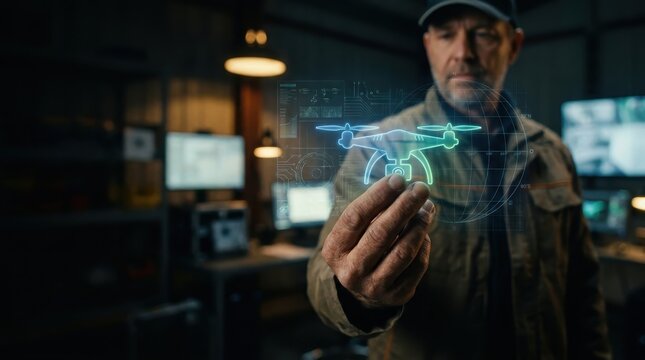 Drone operator hand holding holographic UAV model in surveillance command center with global maps and monitors