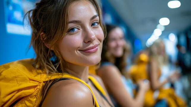 Young female traveler with backpack in hostel hallway, smiling during budget travel and shared stay experience
