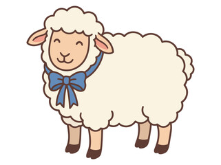 Obraz premium Cute cartoon sheep wearing a blue bow, celebrating Eid al-Adha. A charming illustration perfect for festive designs and marketing materials.