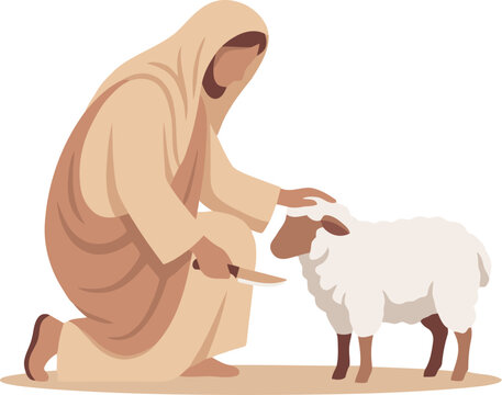Jesus kneels, gently touching a sheep with a knife. A serene scene of faith, devotion, and sacrifice. Clean, minimalist illustration.