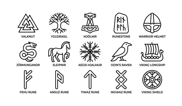 Norse and viking symbols arranged in a grid on white background