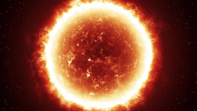 Glowing Sun with fiery solar prominences and plasma eruptions in deep space, cinematic realistic 3D animation of a burning star with intense energy and heat.