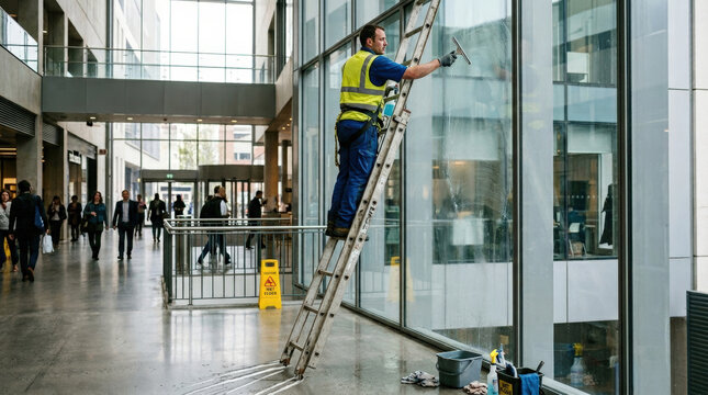 Cleaner using tall unstable ladder missing rubber feet indoors