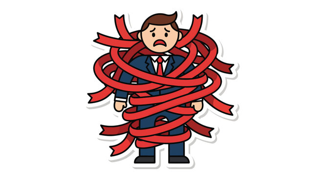 Businessman entangled in red tape.