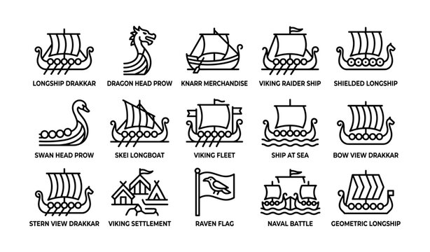 Viking longship icons array displayed with labels on white