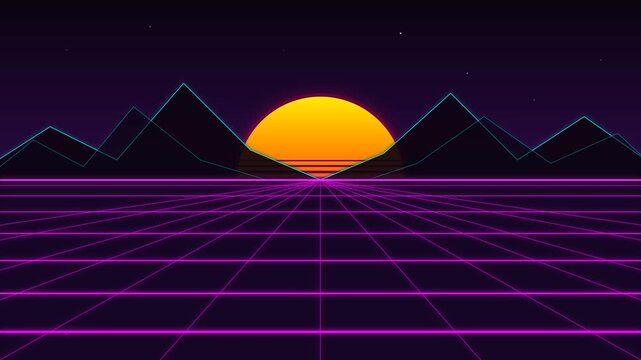 A retro synthwave digital topography wireframe grid flowing endlessly beneath a glowing neon sun in a classic 80s outrun style.