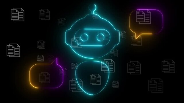 Retrieval-Augmented Generation RAG concept on the black background. Semantic search for enterprise internal documents. Motion graphics of AI chat bot icon.4k motion video.