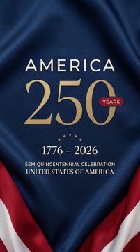 A vibrant digital graphic commemorating america's 250th independence anniversary with bold text on a flowing us flag.