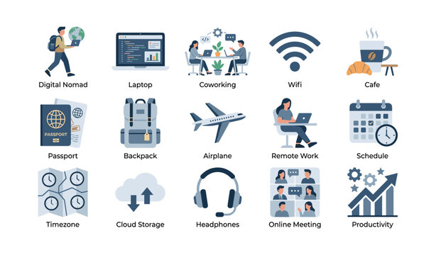 Set of remote work and travel icons on white background
