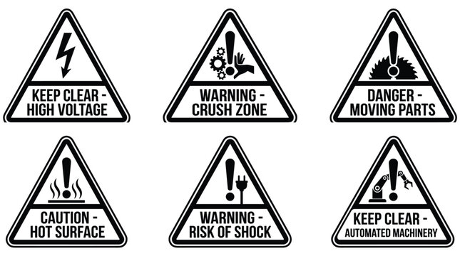 Industrial safety warning signs featuring triangular icons for high voltage, crush zones, moving parts, hot surfaces, and automated machinery.
