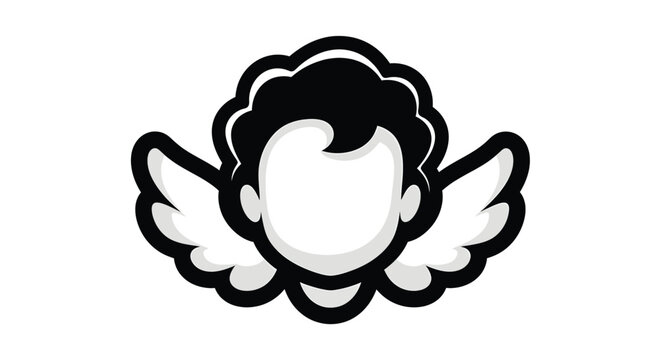 Cartoon angel face with wings.