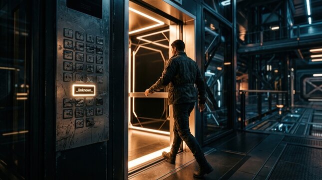 Figure walking into glowing elevator with all buttons scratched